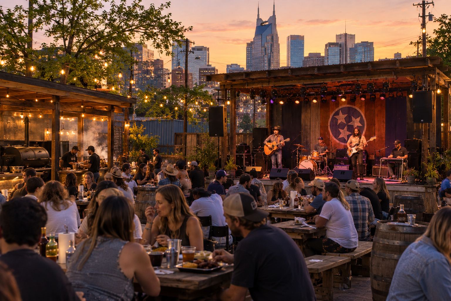 A patio crowd eating barbecue while a band plays with the Nashville skyline behind them