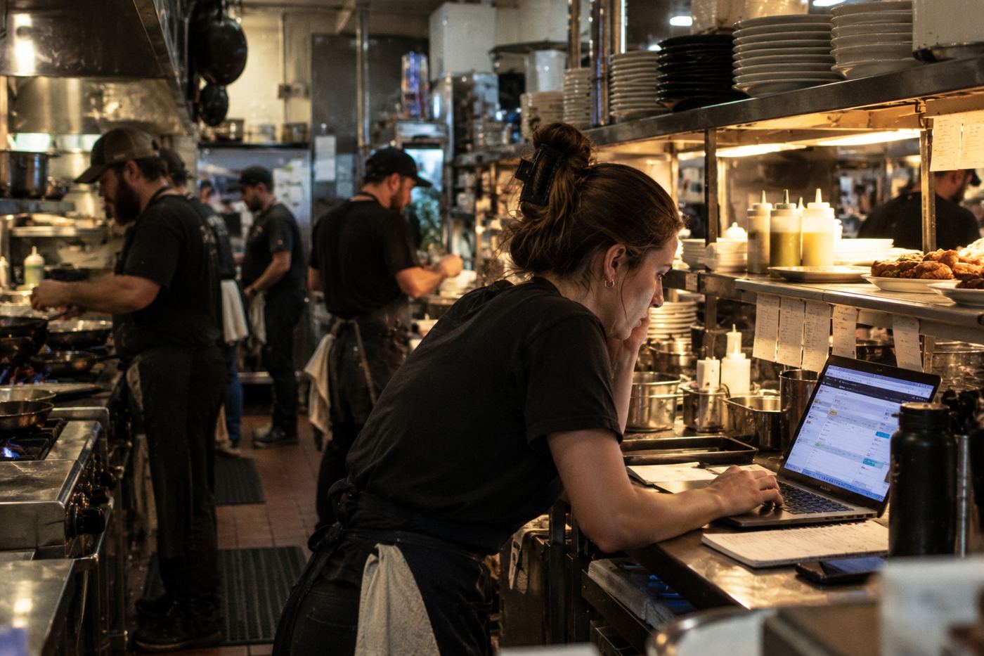 A restaurant manager leaning over a laptop at the pass while the kitchen works around her